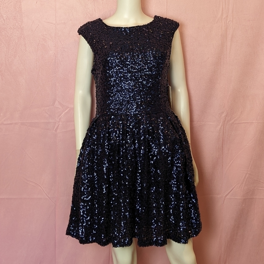 Emerald Sundae Blue Allover Sequins Keyhole Back Cap Sleeve Homecoming Dress XL